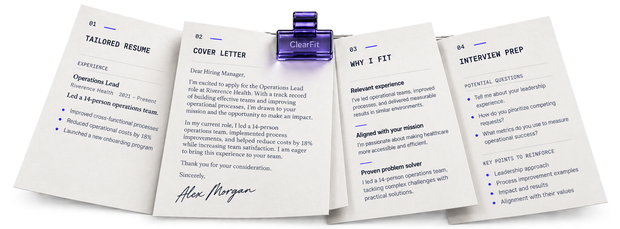 Example application: a resume, cover letter, fit statement and interview preparation held together by an indigo glass clip.